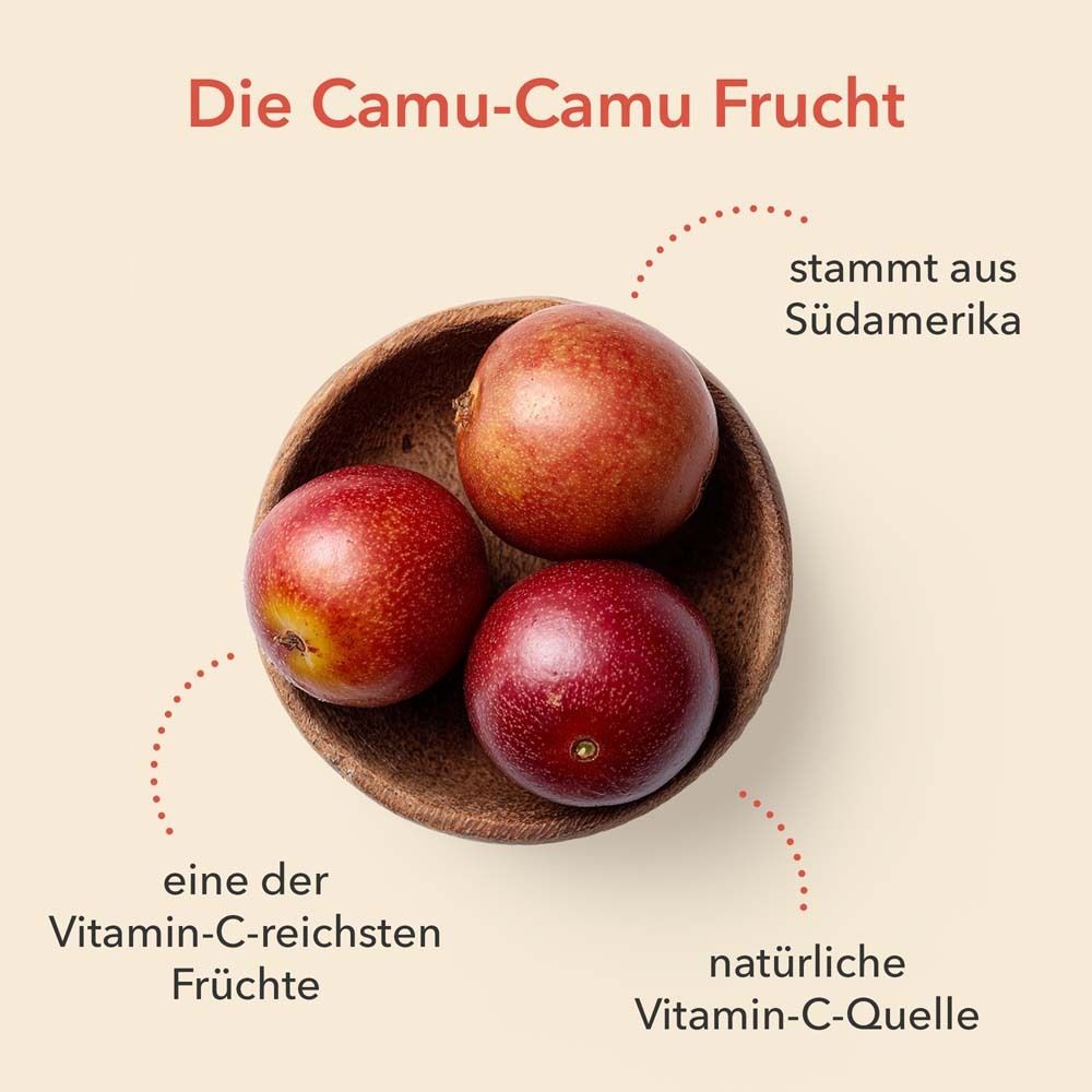 Drei rote Camu-Camu Früchte in einer Holzschale. Text: Die Camu-Camu Frucht.