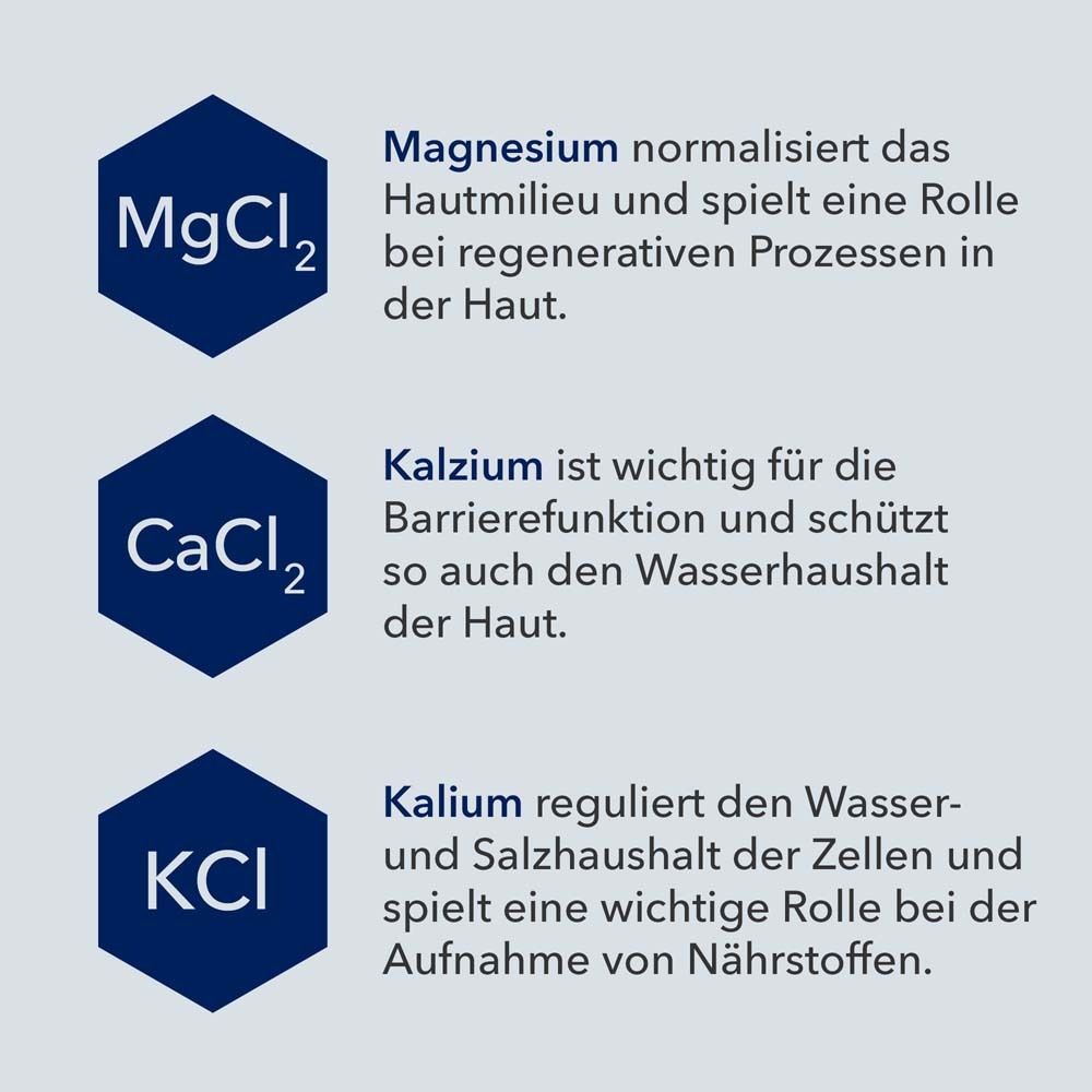 Drei blaue Sechsecke mit Text. MgCl2, CaCl2, KCl. Beschreibungen der Eigenschaften.
