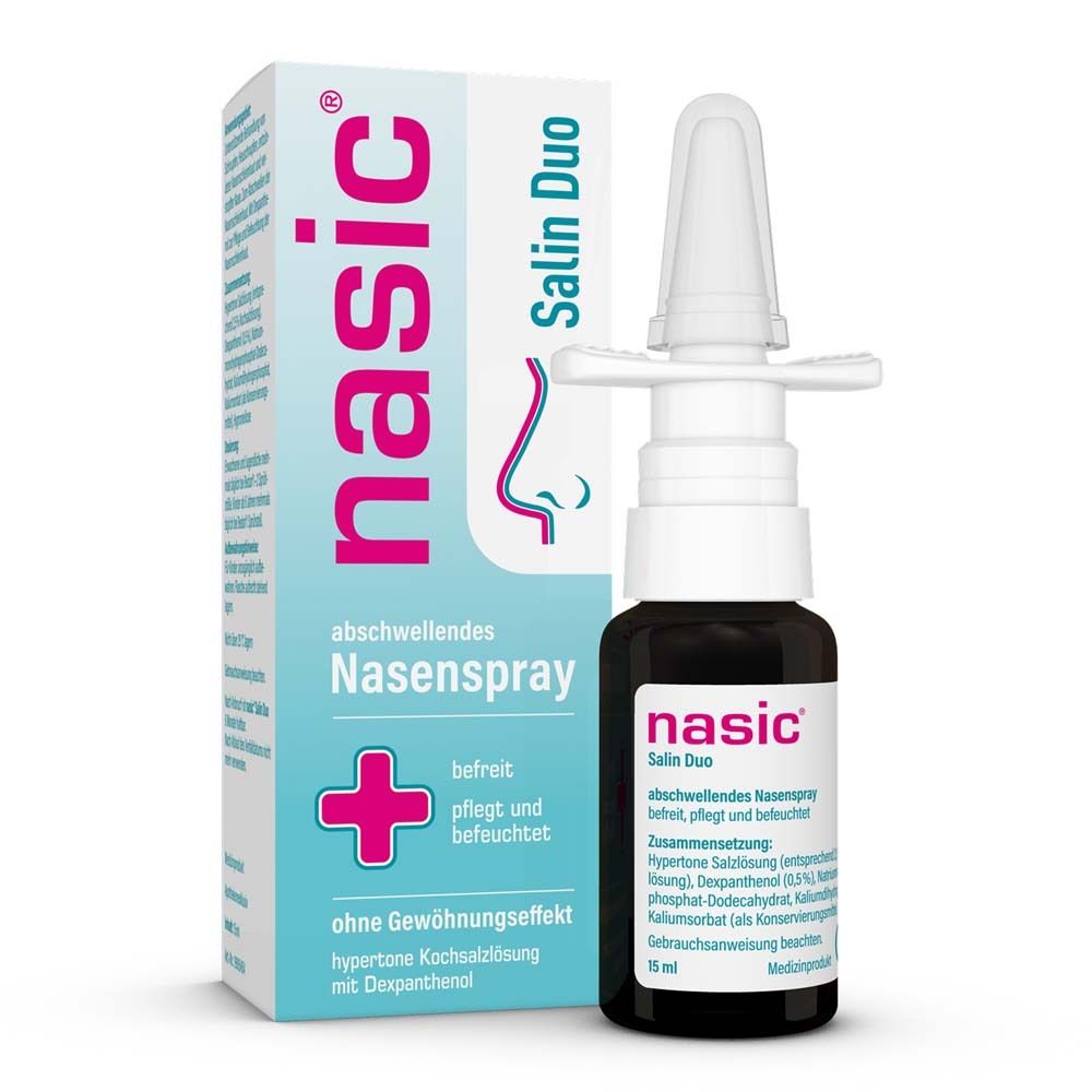 Nasenspray-Packung mit Produkt und Schriftzug nasic® Salin Duo. Aufschrift: abschwellendes Nasenspray.
