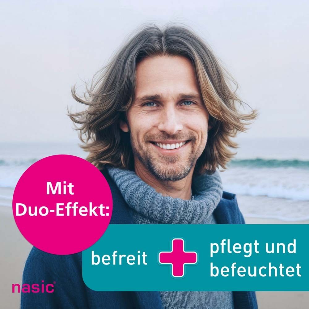 Mann lächelt. Text: Mit Duo-Effekt: befreit, pflegt und befeuchtet. Logo nasic®.
