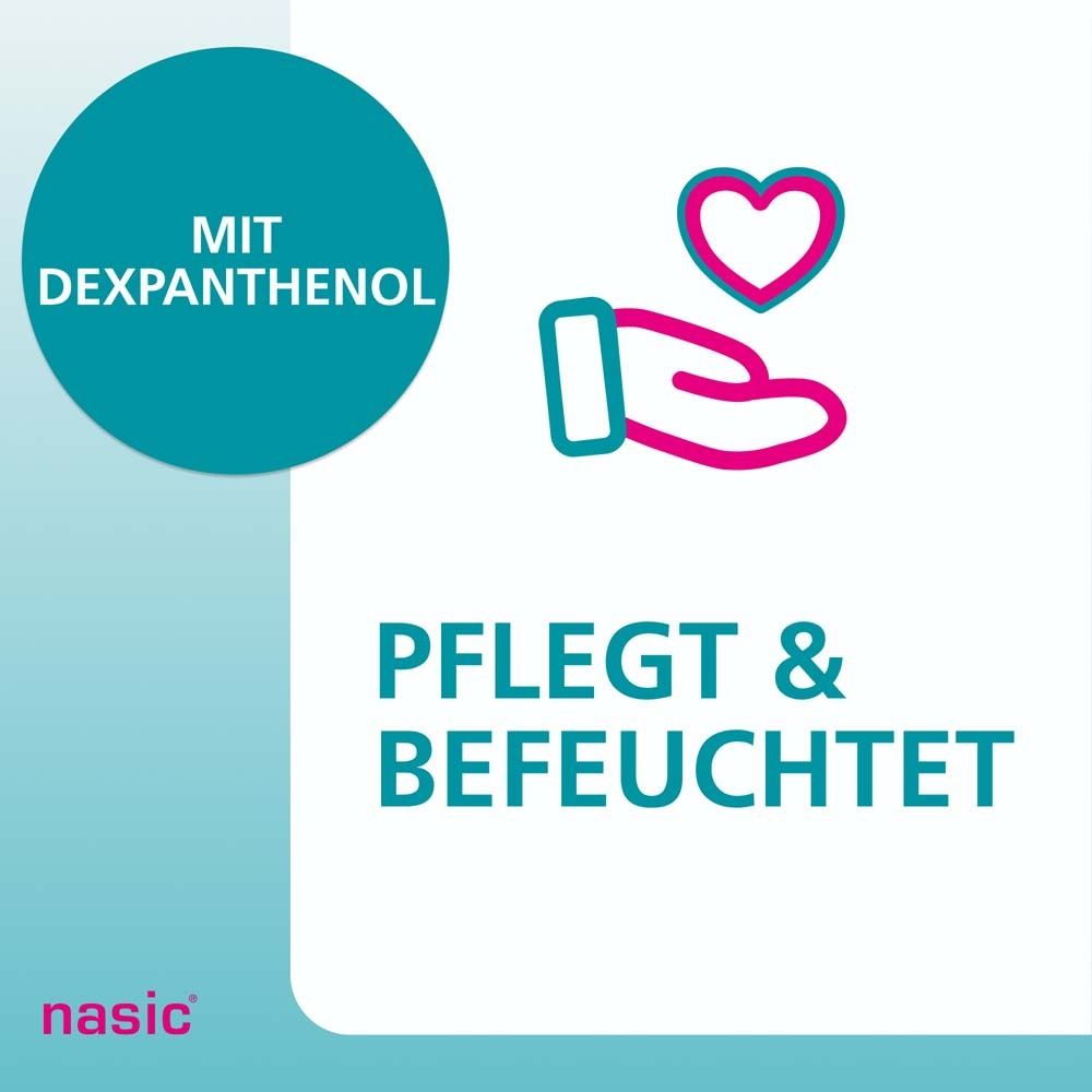 Textfeld mit Hand und Herz-Symbol. Text: Pflegt & befeuchtet. Logo nasic®.