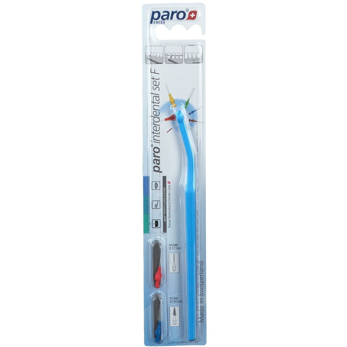 Blaues paro® interdental set F, verpackt. Enthält Bürstenköpfe in verschiedenen Farben. Hergestellt in der Schweiz.