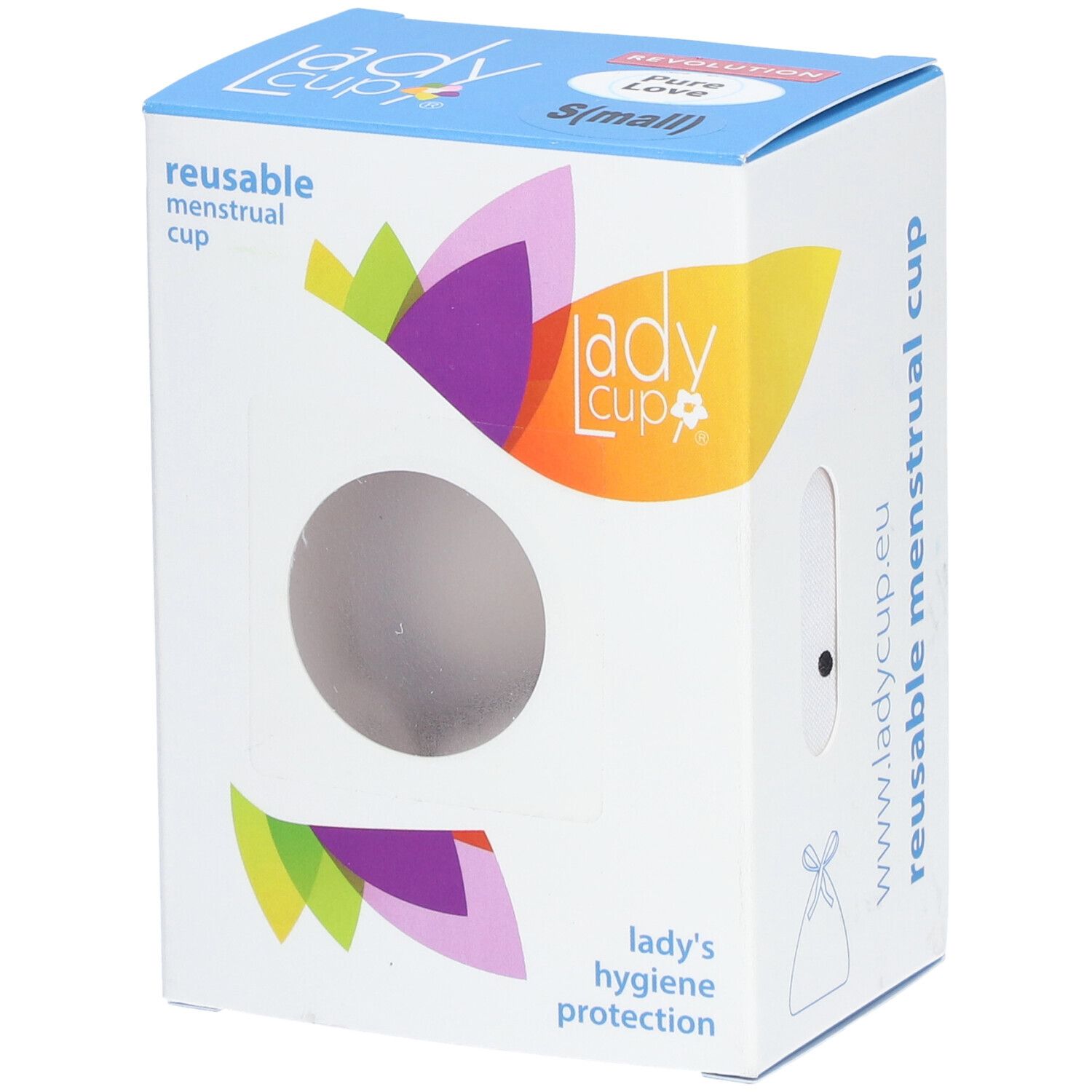 Verpackung für Menstruationstasse. Marke LadyCup. Sichtfenster. Mehrfarbiges Design.