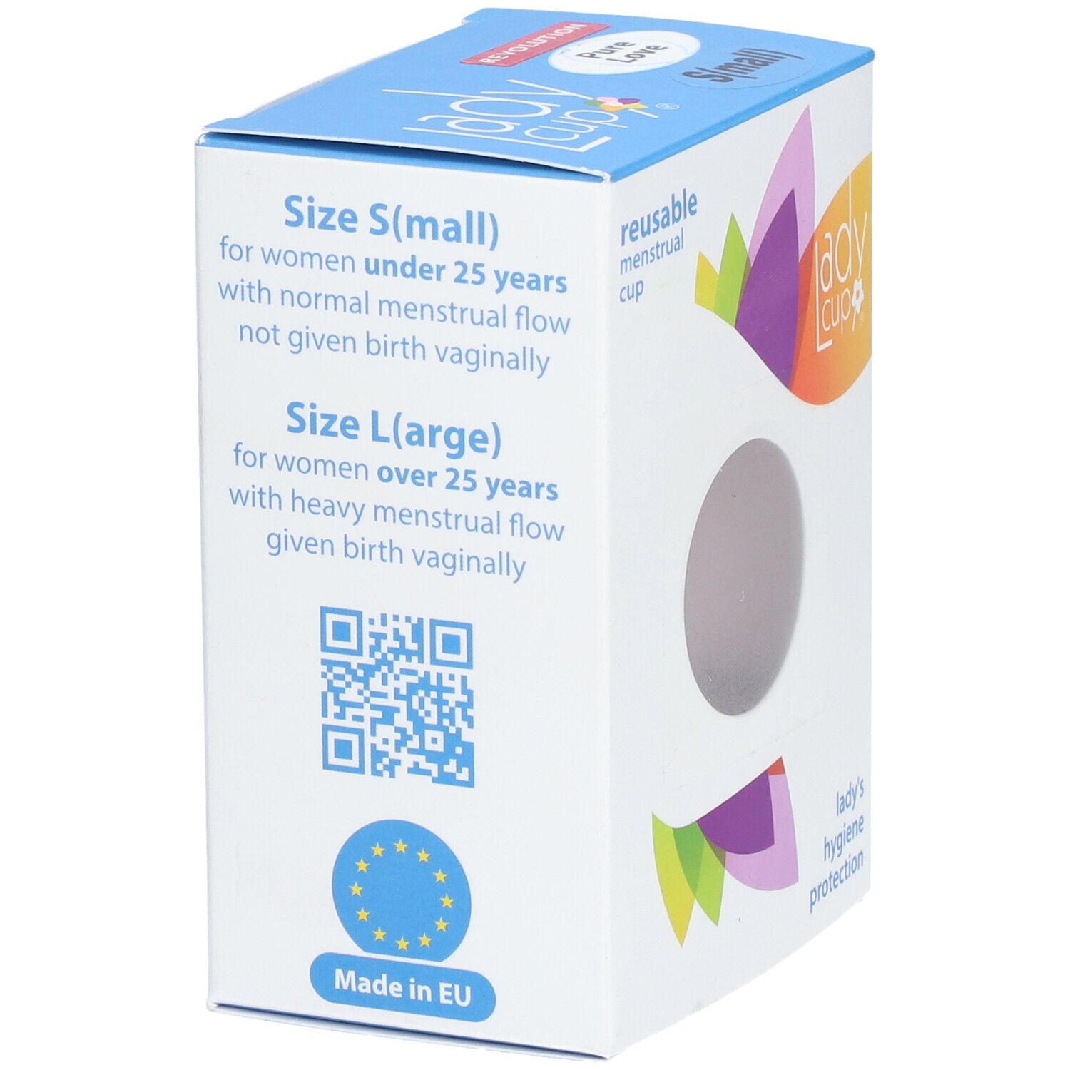 Rückseite der Verpackung. Größenangaben S und L. QR-Code. EU-Kennzeichnung.