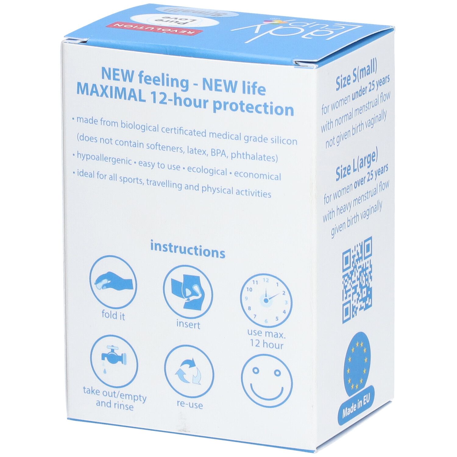 Verpackung mit Produktinformationen. Maximale Schutzdauer 12 Stunden. Illustrationen.