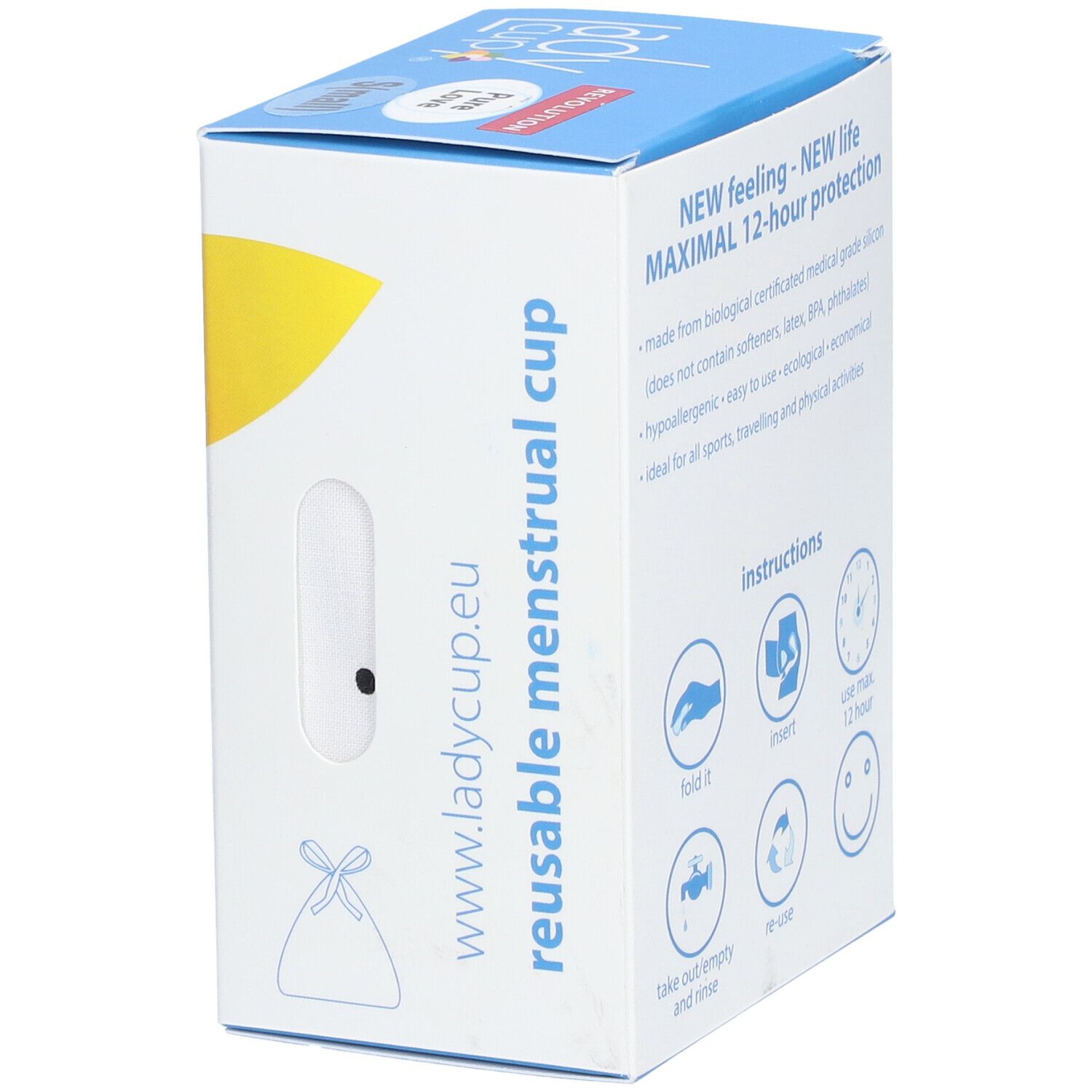 Verpackung mit Logo und Website-Adresse. Illustration einer Stofftasche.
