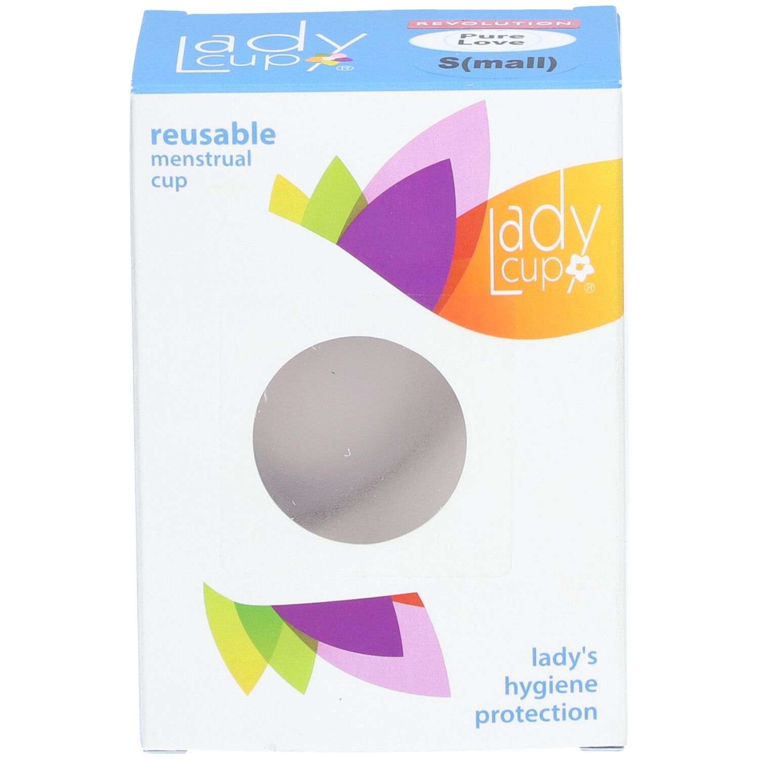 Verpackung mit Sichtfenster. Marke LadyCup. Produktbezeichnung: S (small).
