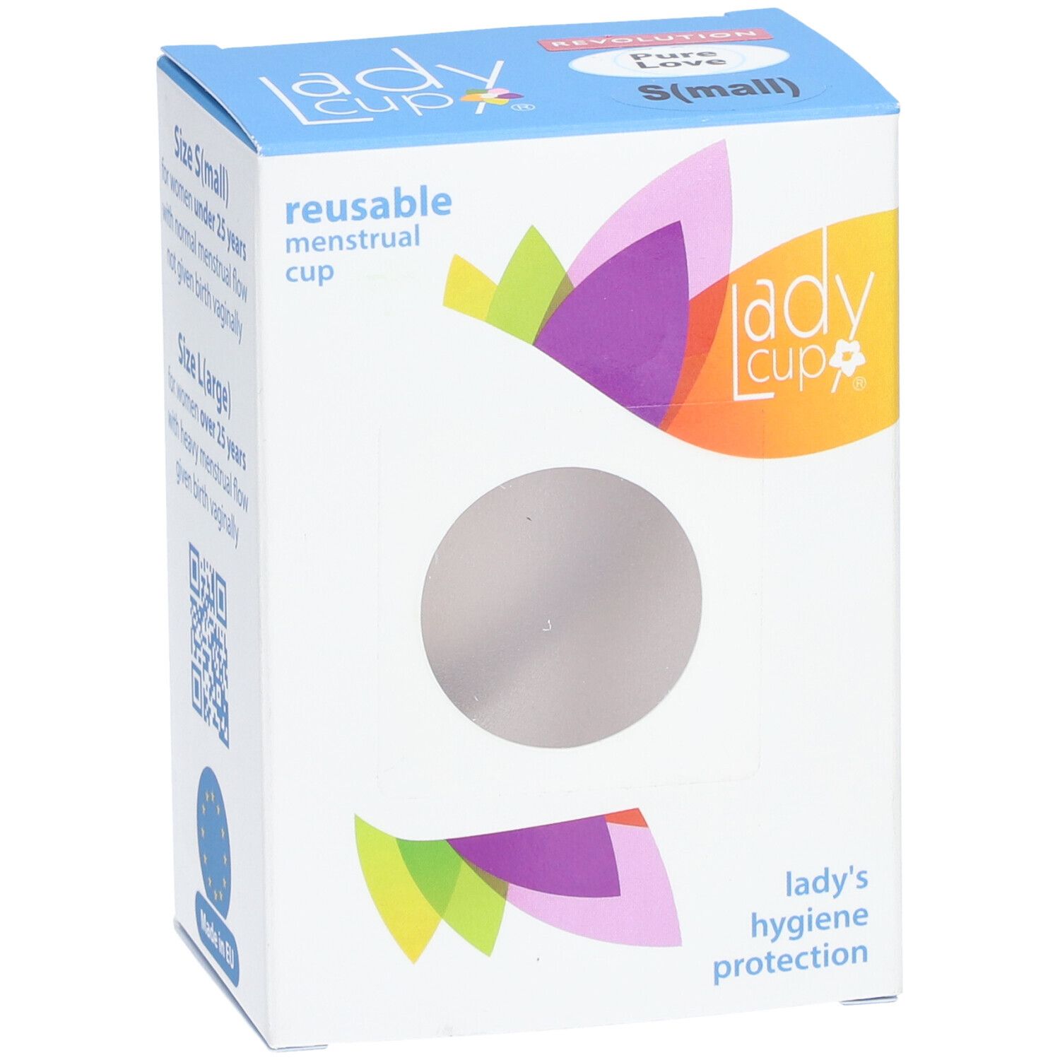 Verpackung mit Sichtfenster. Marke LadyCup. Produktbezeichnung: S (small).