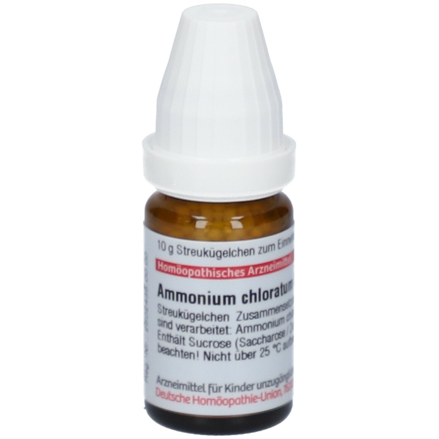 Braune Glasflasche mit weißem Deckel. Beschriftung: Ammonium chloratum, 10 g Streukügelchen.