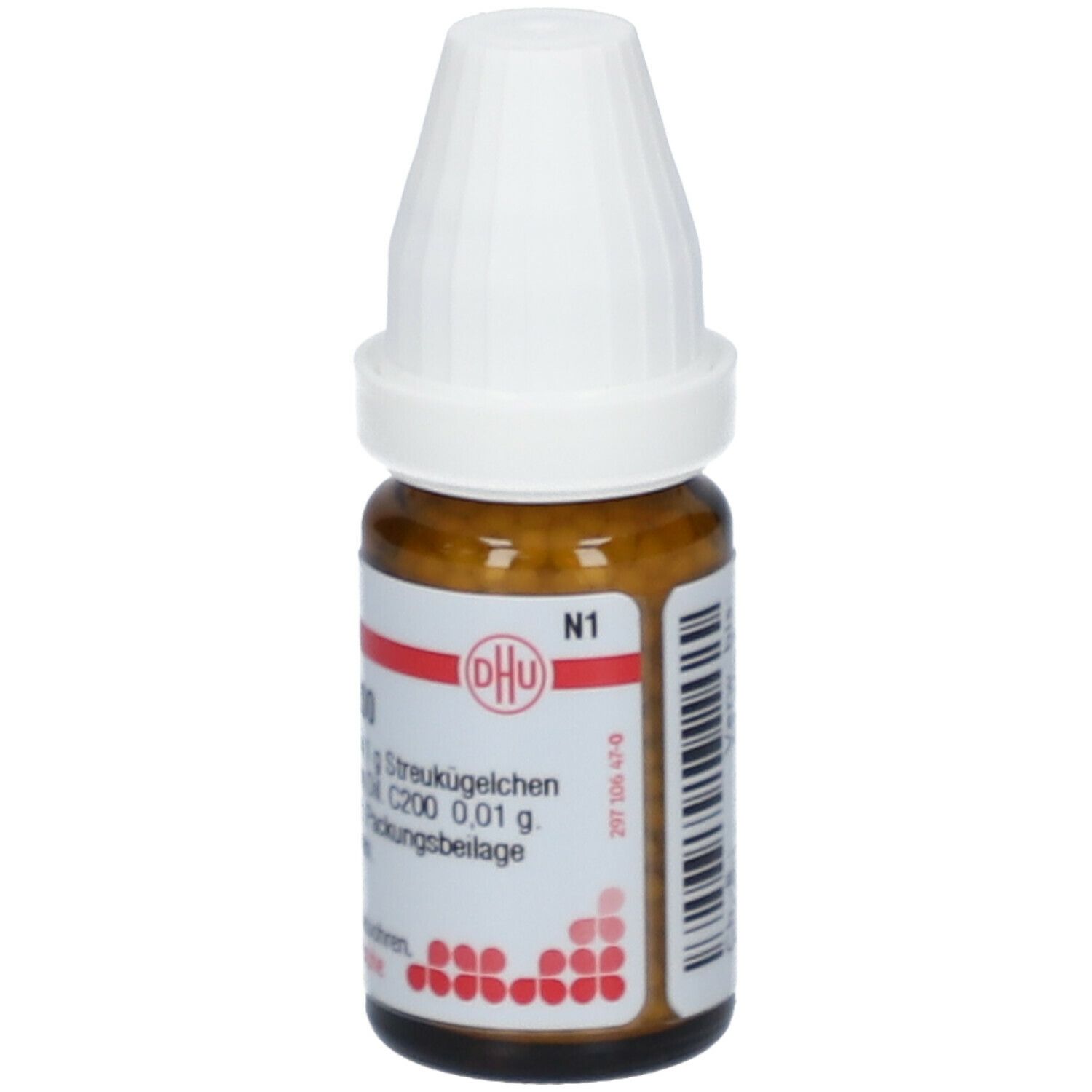 Braune Glasflasche mit weißem Deckel. Beschriftung: DHU, Ammonium chloratum C200, N1.