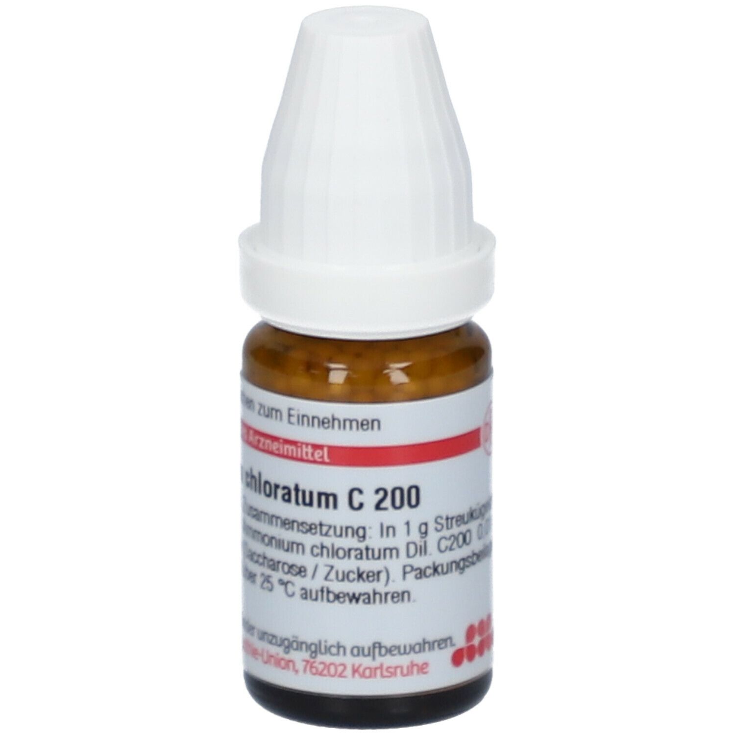 Braune Glasflasche mit weißem Deckel. Beschriftung: Ammonium chloratum C 200, DHU.