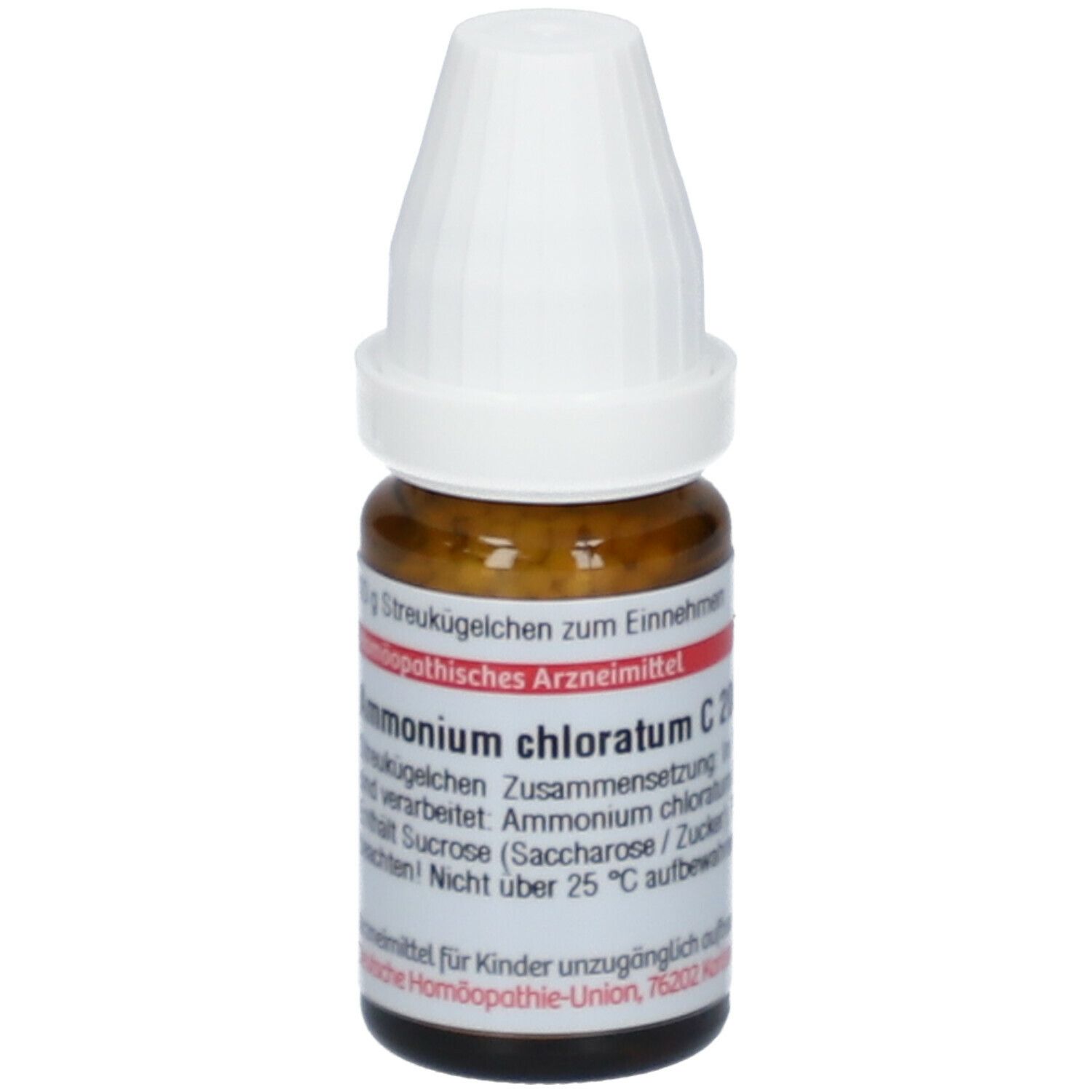 Braune Glasflasche mit weißem Deckel. Beschriftung: Ammonium chloratum C 200, DHU.
