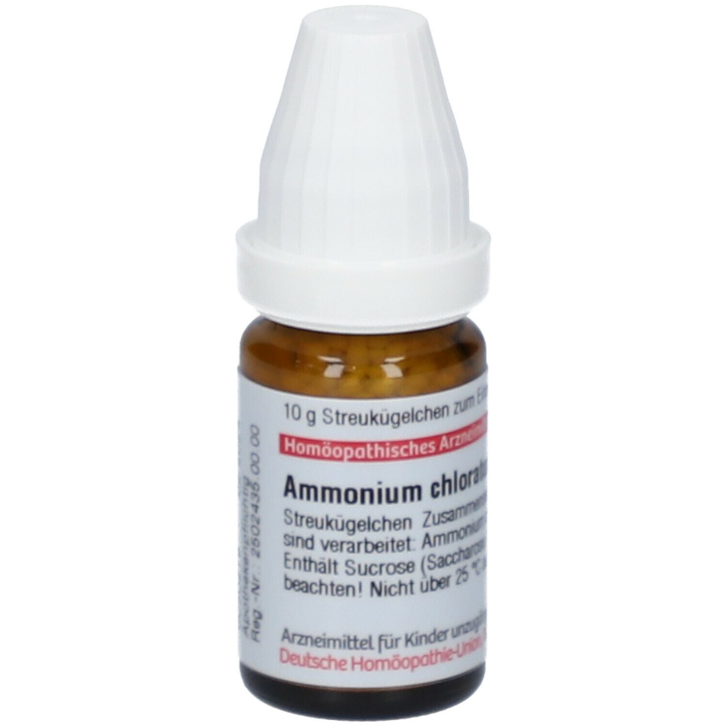 Braune Glasflasche mit weißem Deckel. Beschriftung: Ammonium chloratum, 10 g Streukügelchen.