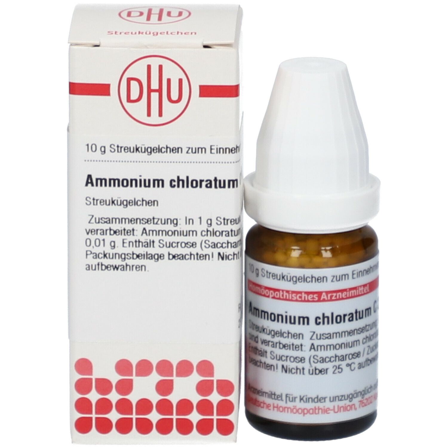 Produktverpackung mit Flasche. Beschriftung: DHU, Ammonium chloratum, 10 g Streukügelchen.