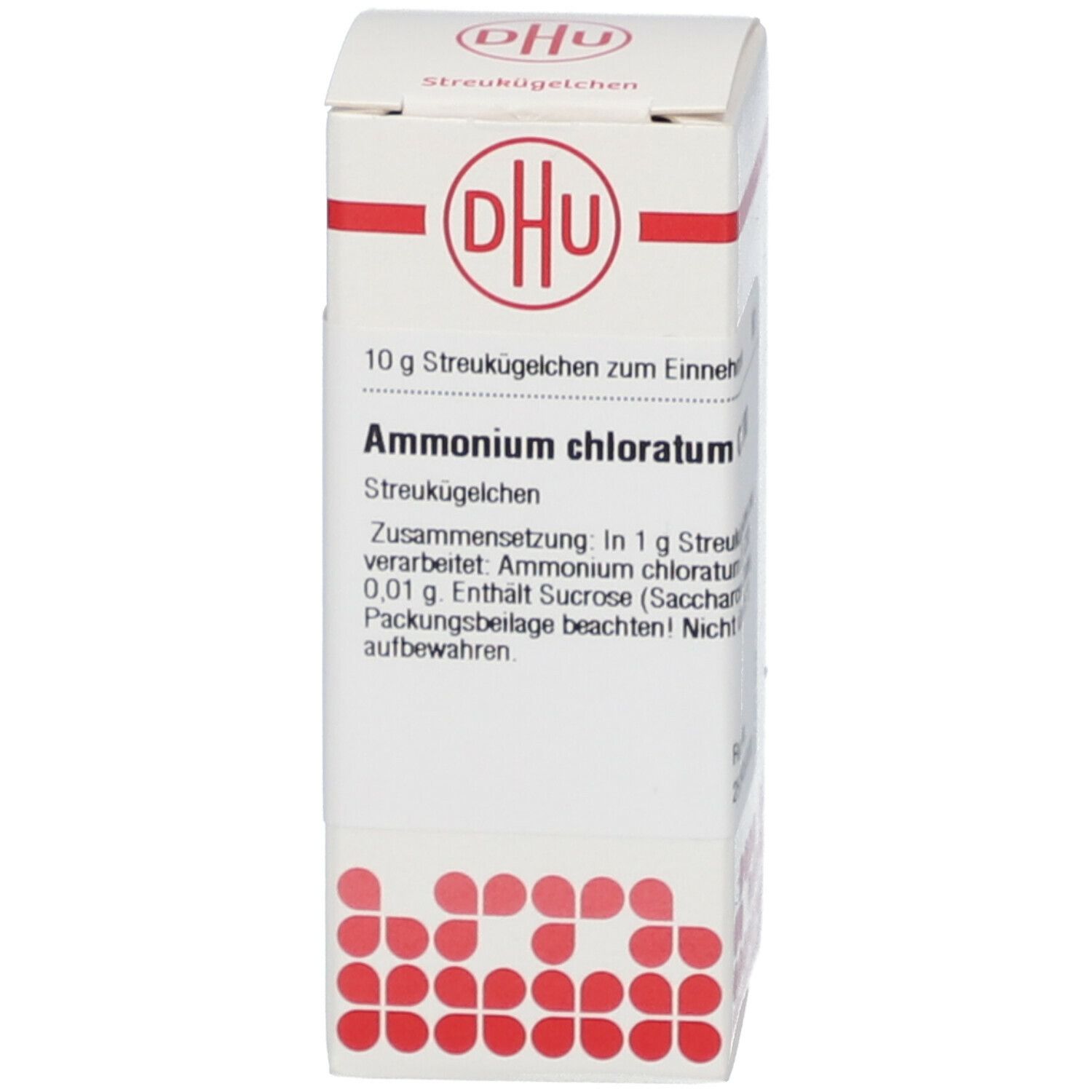 Produktverpackung. Beschriftung: DHU, Ammonium chloratum, 10 g Streukügelchen.