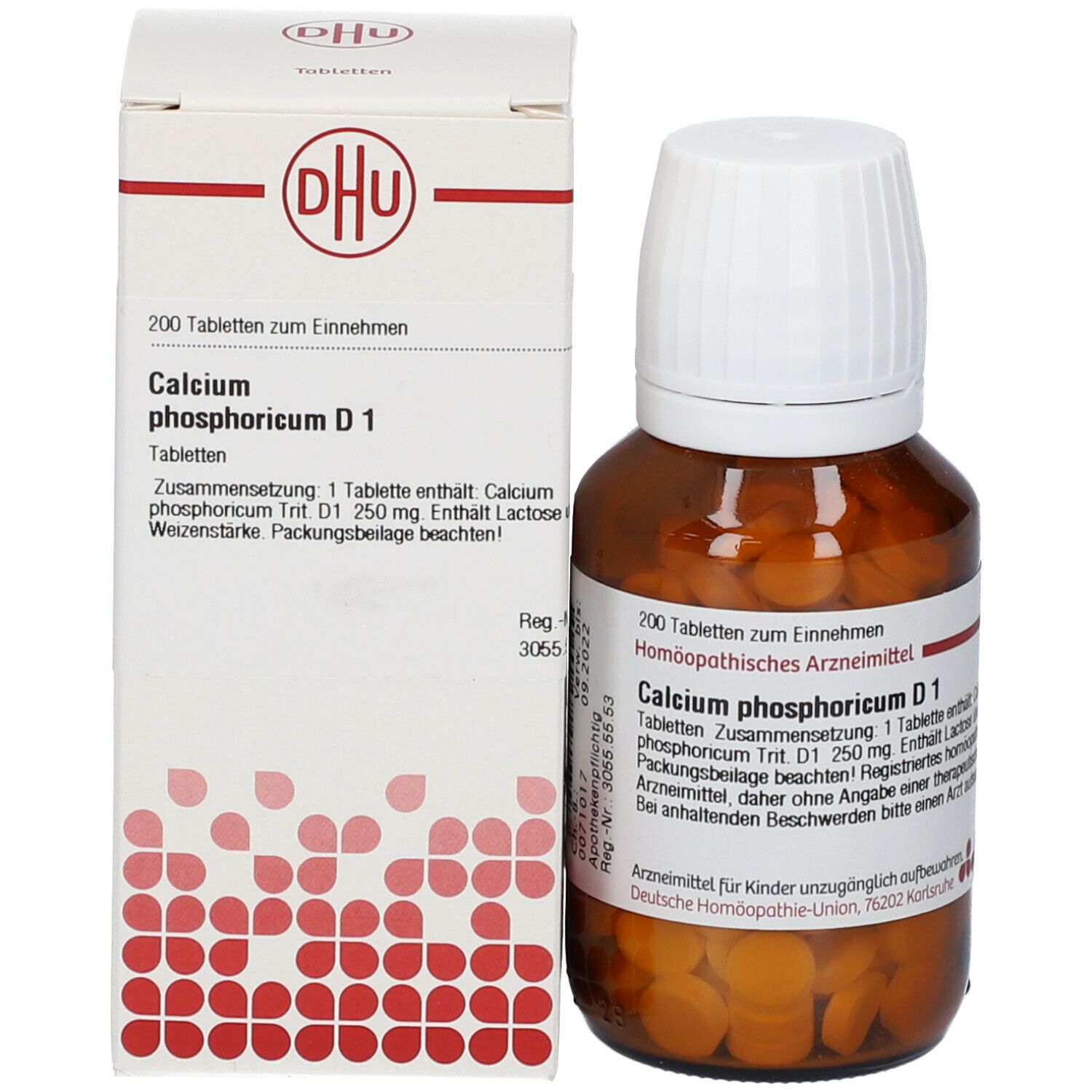 Braune Glasflasche und Schachtel. Aufschrift: DHU Calcium phosphoricum D1, 200 Tabletten. Tabletten sichtbar.