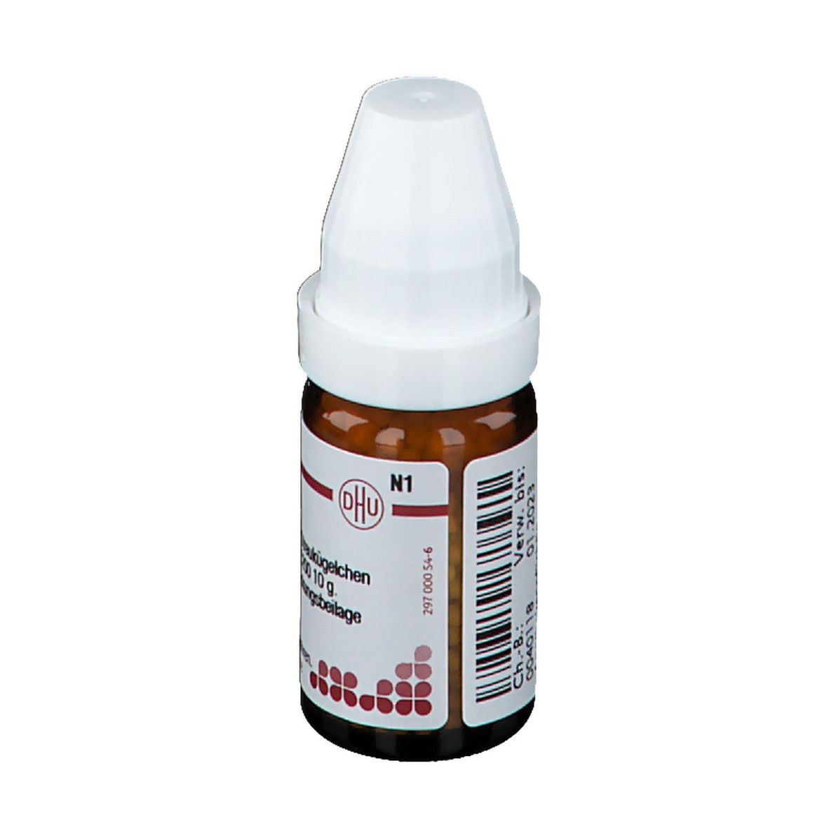 Braune Glasflasche mit weißem Deckel. Beschriftung: DHU, N1. Enthält Streukügelchen. Deutsche Homöopathie-Union.