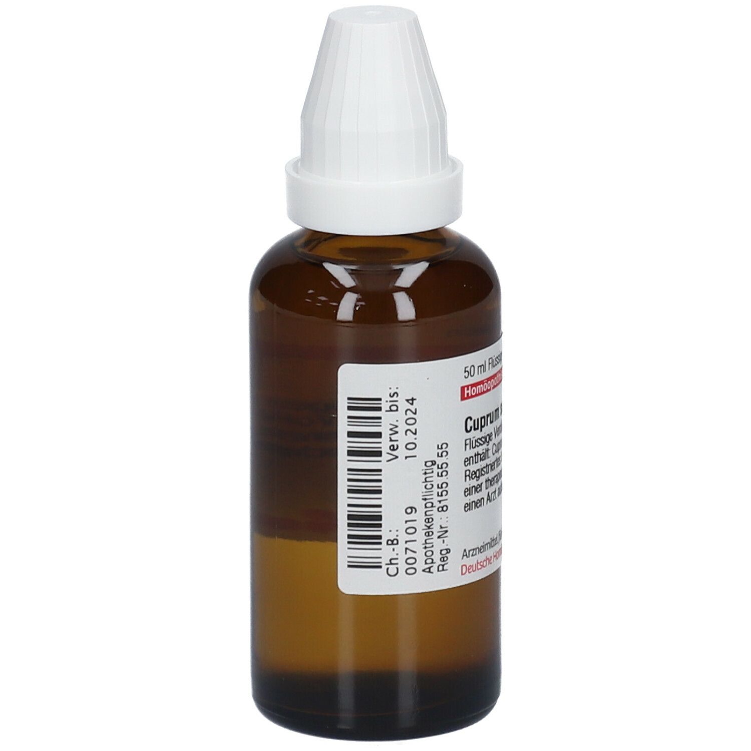 Braune Glasflasche mit weißem Schraubverschluss. Etikett mit Chargennummer, Verfallsdatum und Apothekeninformationen. Flüssigkeit.