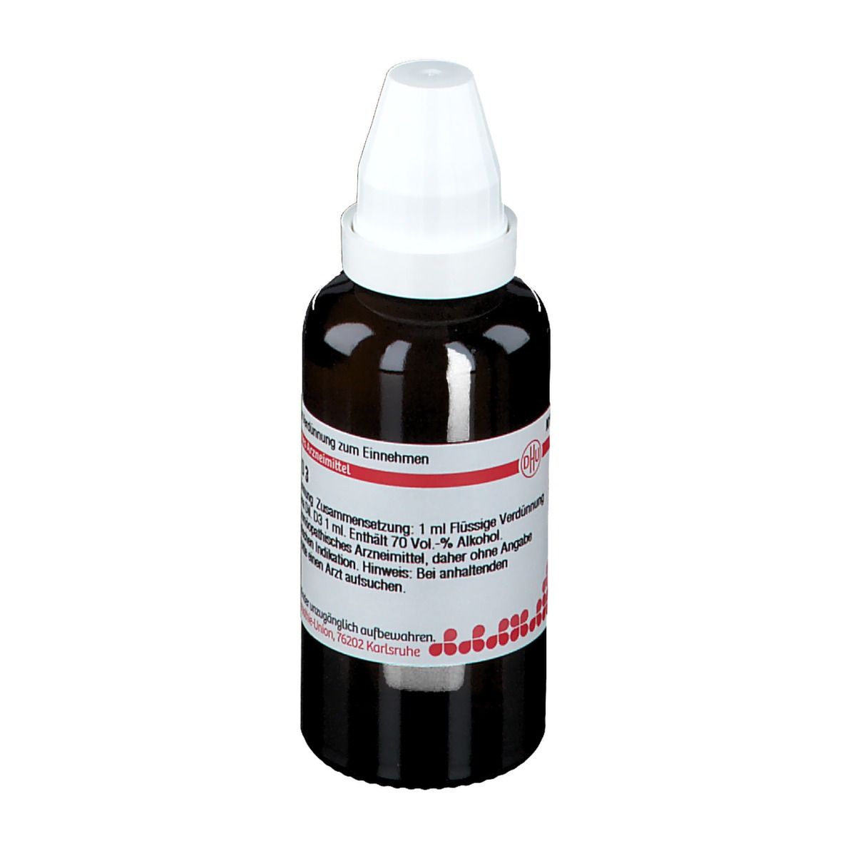 Braune Glasflasche mit weißem Verschluss. Etikett mit Text. DHU-Logo. Flasche steht.