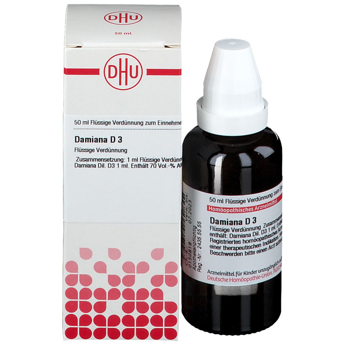 Braune Glasflasche mit weißem Verschluss und Karton. Karton mit DHU-Logo und Damiana D3. Flasche steht.