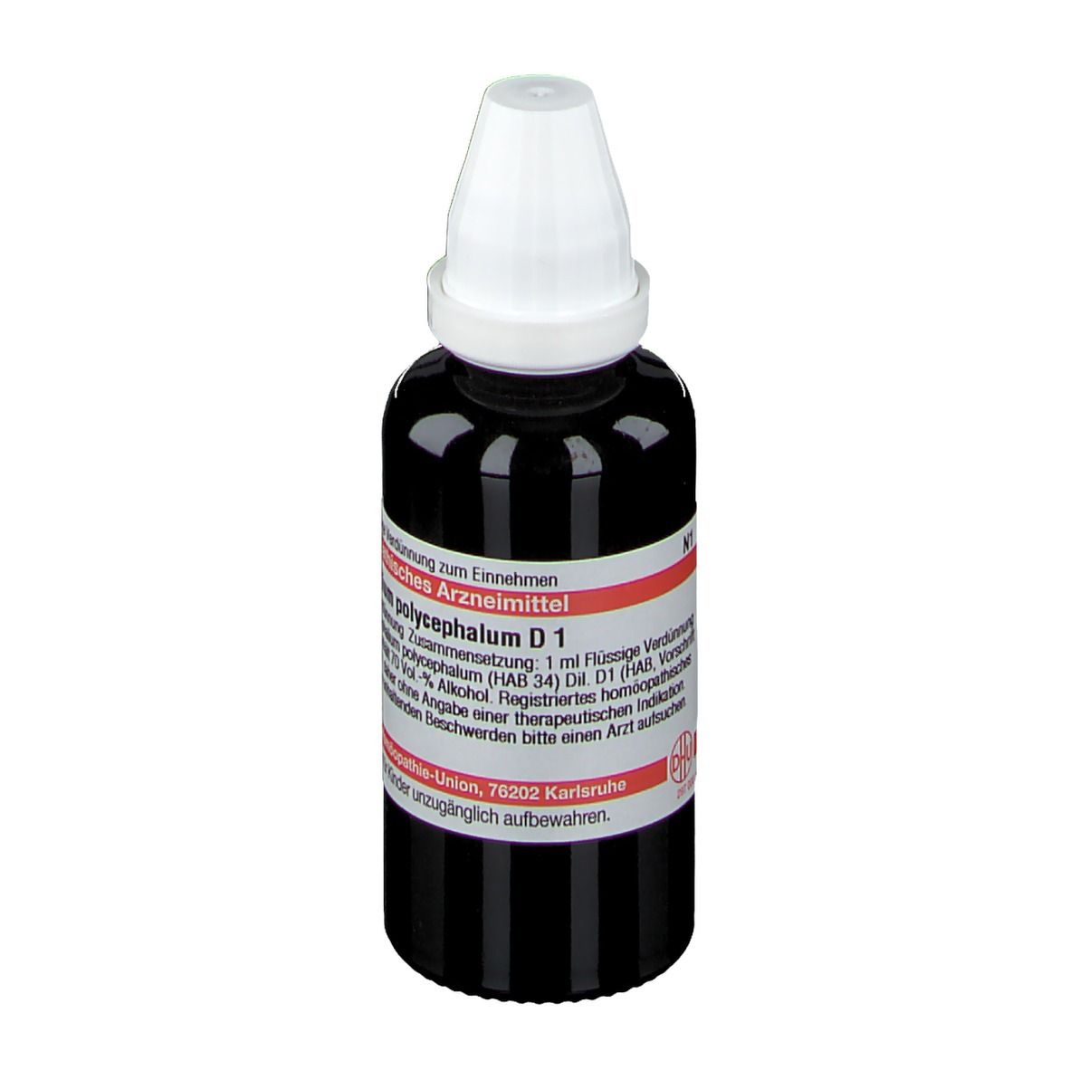 Braune Glasflasche mit weißem Deckel. Etikett mit Text. Homöopathisches Arzneimittel D1.