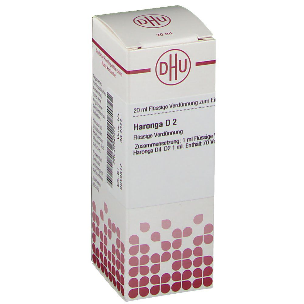 Weiße Faltschachtel mit DHU-Logo und Produktbezeichnung Haronga D2. Rote Punkte am unteren Rand. Text: 20 ml flüssige Verdünnung.