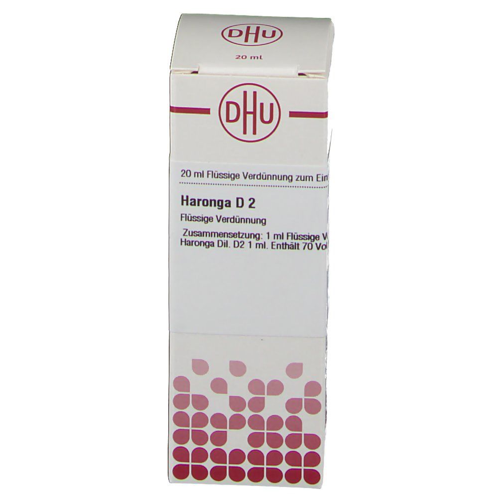 Weiße Faltschachtel mit DHU-Logo und Produktbezeichnung Haronga D2. Text: 20 ml flüssige Verdünnung. Rote Punkte am unteren Rand.