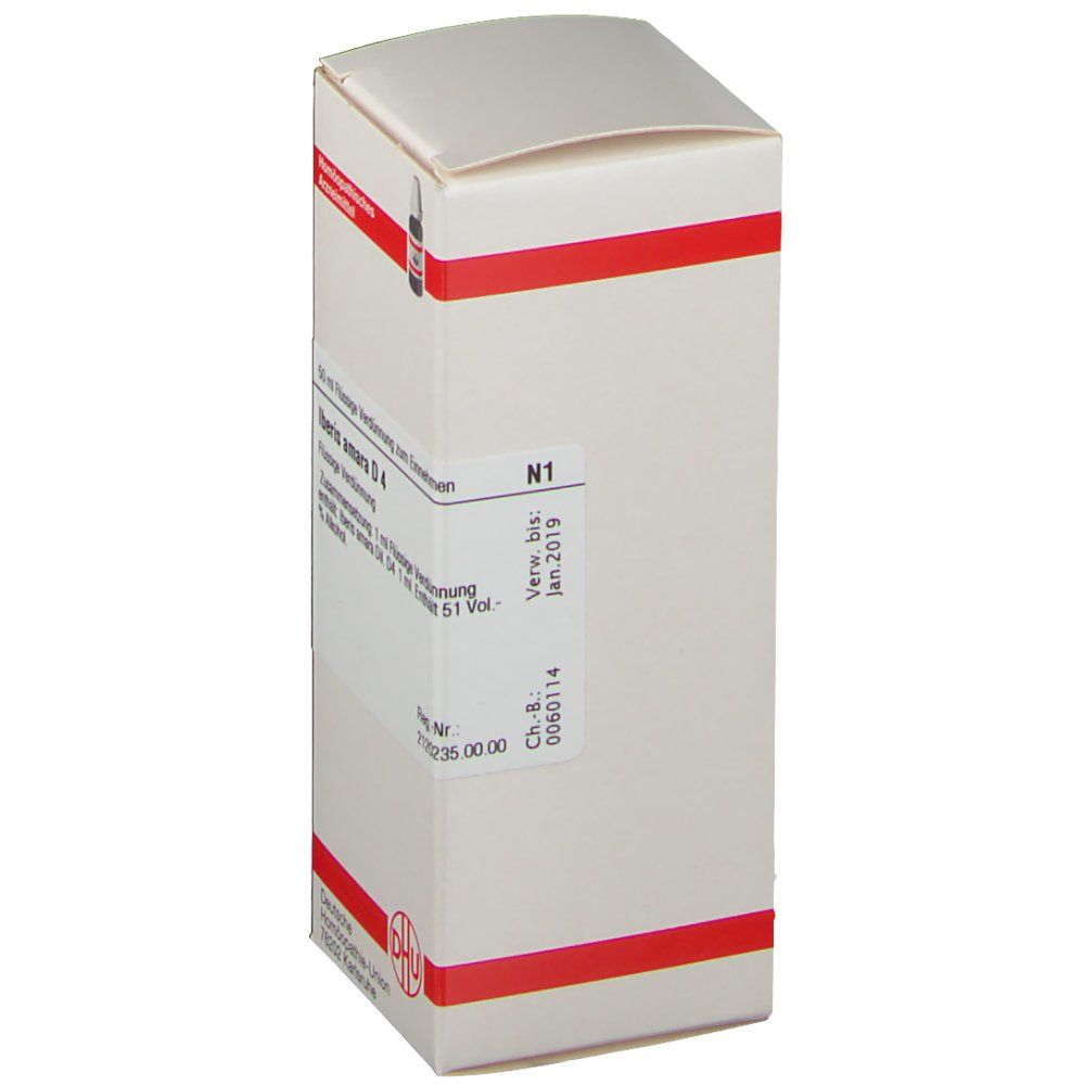 Weiße Schachtel mit roter Schrift und DHU-Logo. Aufschrift: Iberis amara D4. N1. Verfallsdatum: Jan. 2019. Homöopathisches Arzneimittel.
