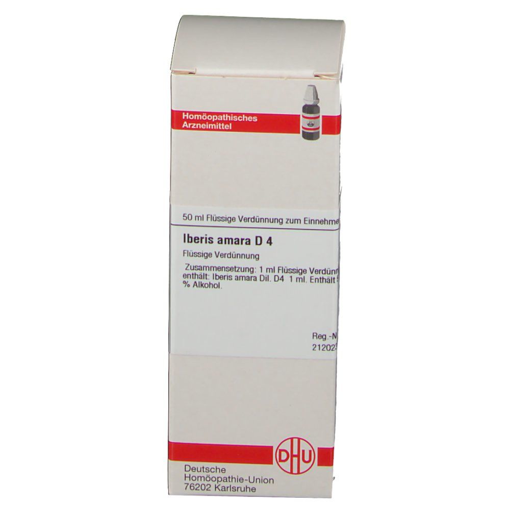 Weiße Schachtel mit roter Schrift und DHU-Logo. Aufschrift: Iberis amara D4. 50 ml Flüssige Verdünnung. Homöopathisches Arzneimittel.