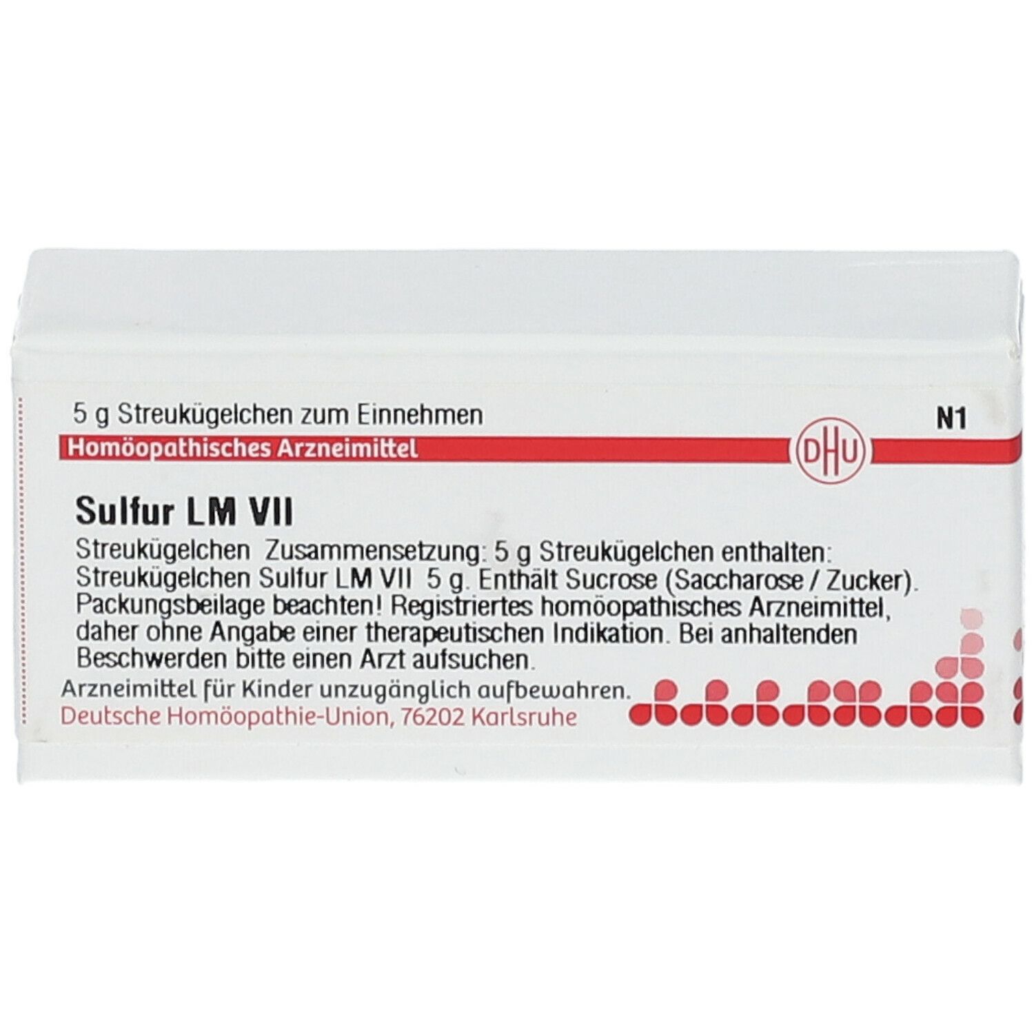 Weiße Schachtel mit roter Beschriftung. Enthält DHU Sulfur LM VII. Text: 5 g Streukügelchen, Homöopathisches Arzneimittel.