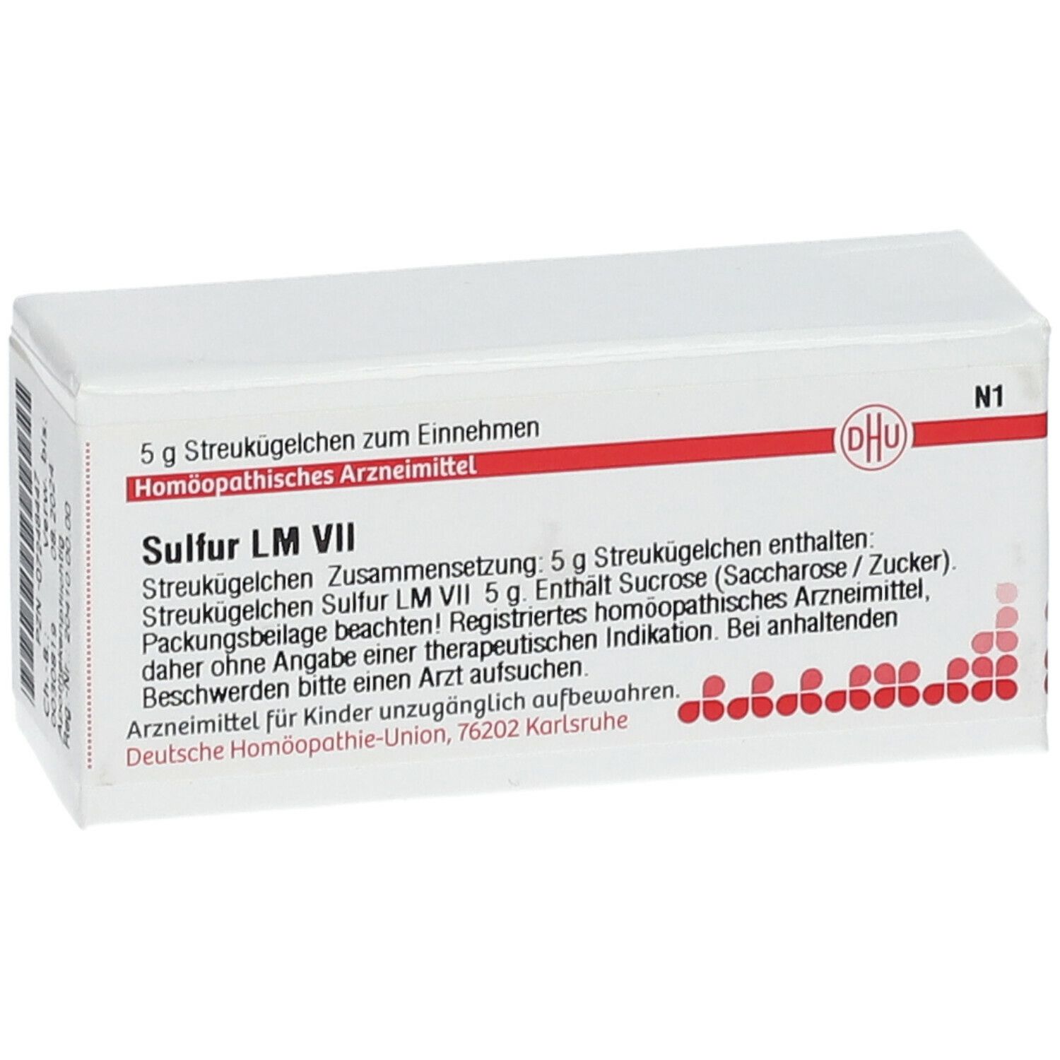 Weiße Schachtel mit roter Beschriftung. Enthält DHU Sulfur LM VII. Text: 5 g Streukügelchen, Homöopathisches Arzneimittel.