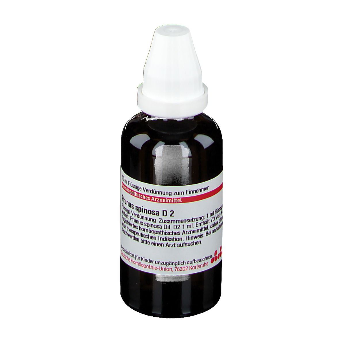 Braune Glasflasche mit weißem Verschluss. Etikett mit Produktinformationen. DHU Prunus spinosa D2.