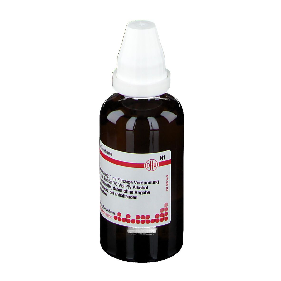 Braune Glasflasche mit weißem Verschluss. Etikett mit Produktinformationen. DHU. N1.