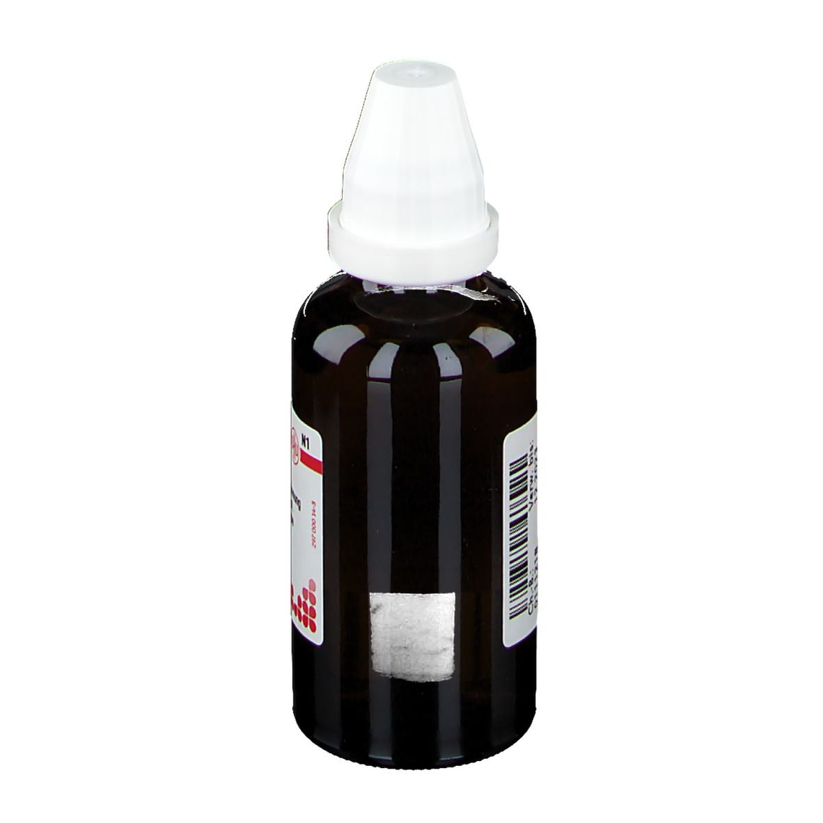 Braune Glasflasche mit weißem Verschluss. Etikett mit Produktinformationen. Unbekannte Produktbezeichnung.