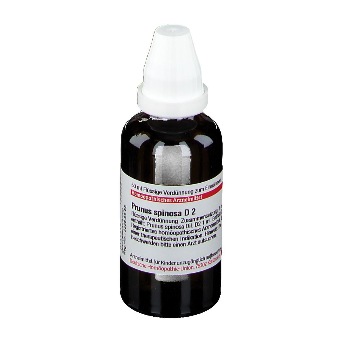 Braune Glasflasche mit weißem Verschluss. Etikett mit Produktinformationen. DHU Prunus spinosa D2.