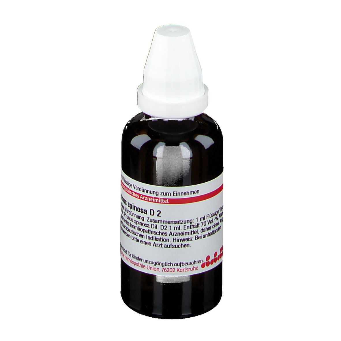 Braune Glasflasche mit weißem Verschluss. Etikett mit Produktinformationen. DHU Prunus spinosa D2.