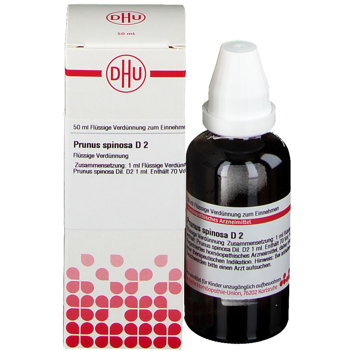 Braune Glasflasche mit weißem Verschluss und Faltschachtel. DHU Prunus spinosa D2. Produktinformationen.