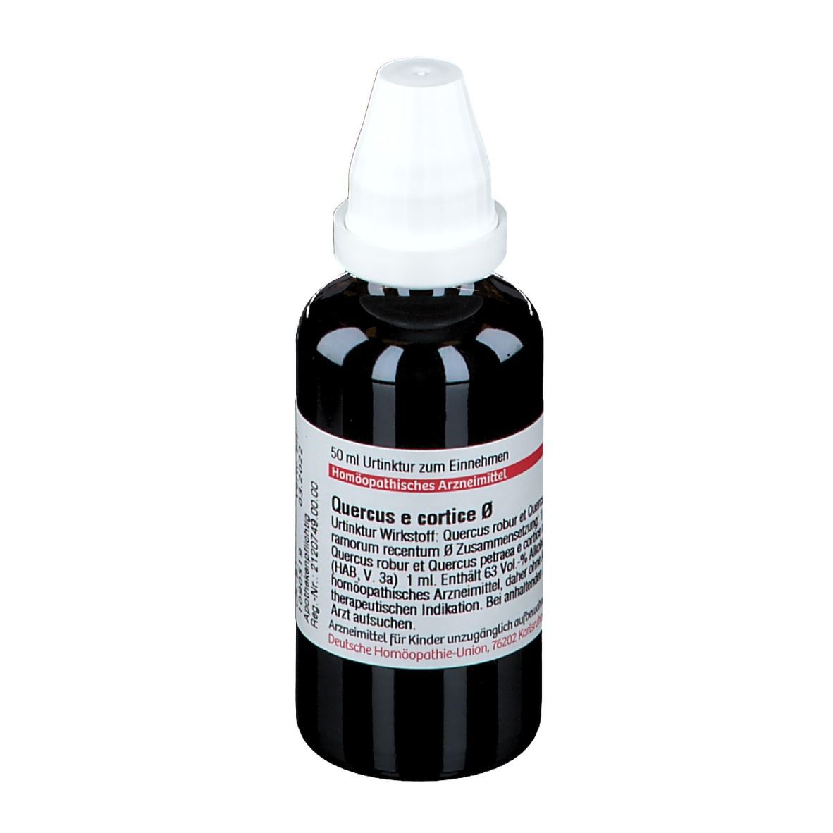 Braune Glasflasche mit weißem Verschluss. Etikett mit Produktinformationen. Homöopathisches Arzneimittel.