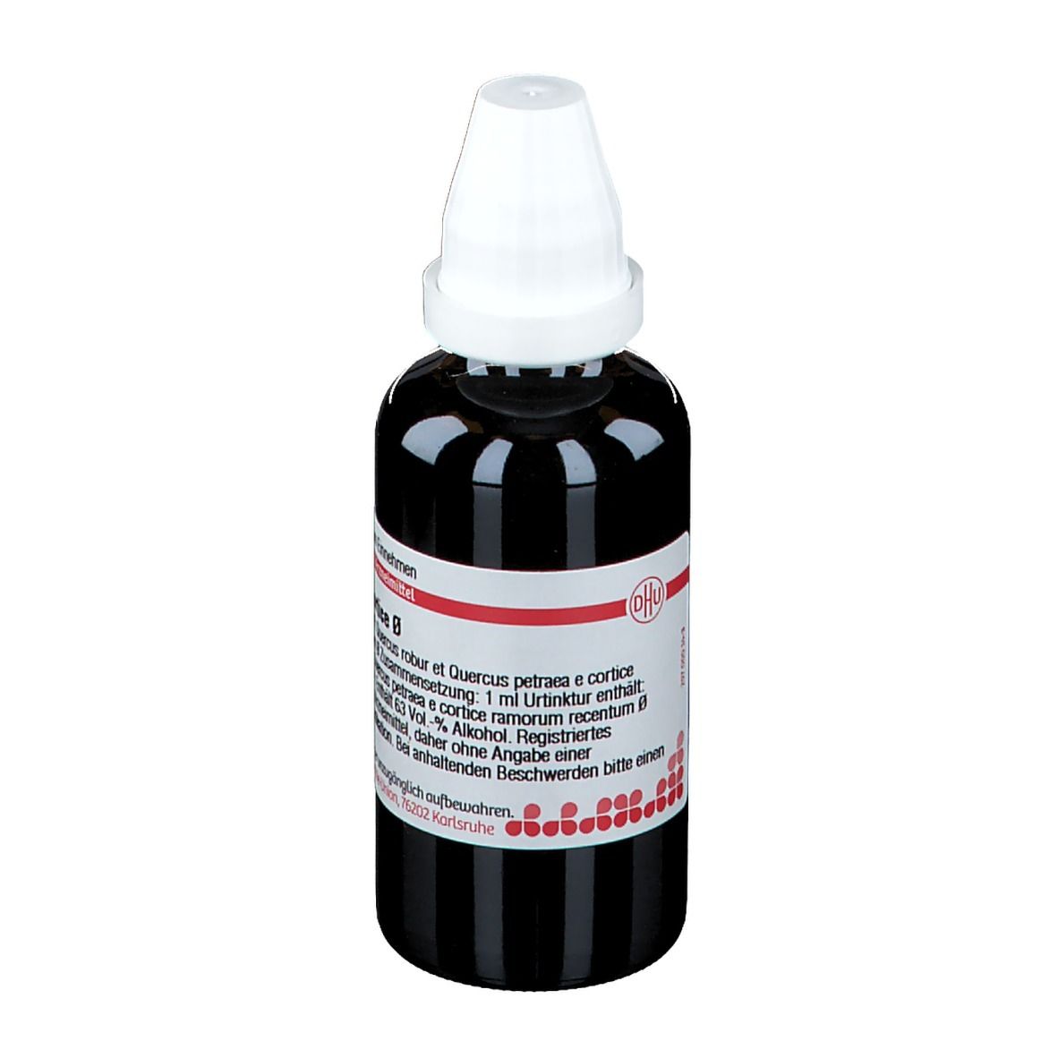 Braune Glasflasche mit weißem Verschluss. Etikett mit Produktinformationen. Homöopathisches Arzneimittel.