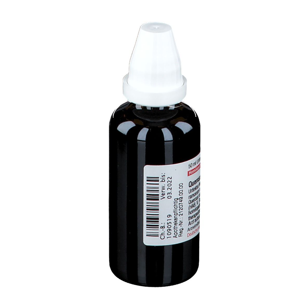 Braune Glasflasche mit weißem Verschluss. Etikett mit Verfallsdatum und Chargennummer. Homöopathisches Arzneimittel.