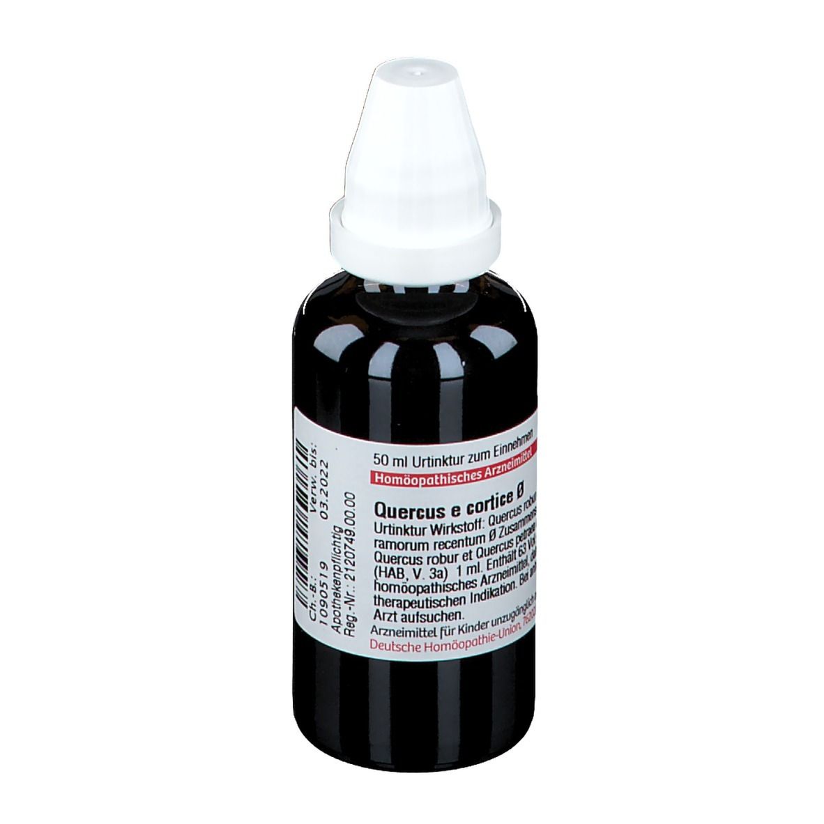 Braune Glasflasche mit weißem Verschluss. Etikett mit Produktinformationen. Homöopathisches Arzneimittel.