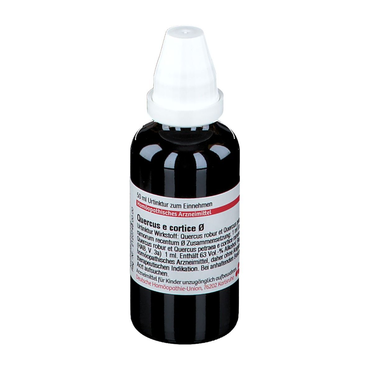 Braune Glasflasche mit weißem Verschluss. Etikett mit Produktinformationen. Homöopathisches Arzneimittel.