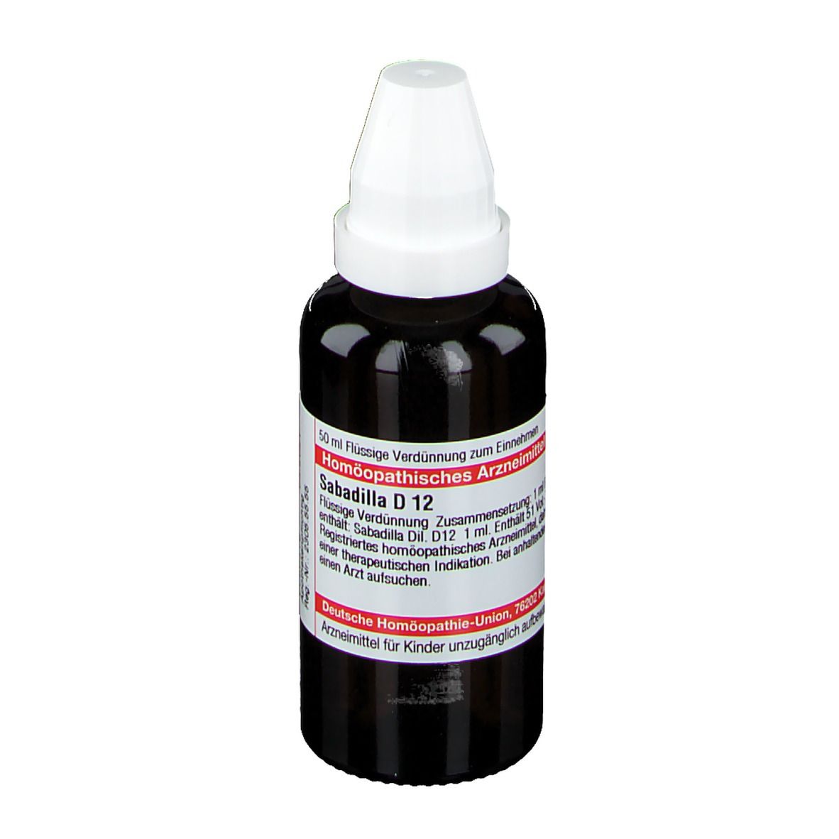 Braune Glasflasche mit weißem Verschluss. Etikett mit Text: Sabadilla D 12, Homöopathisches Arzneimittel. Deutsche Homöopathie-Union.