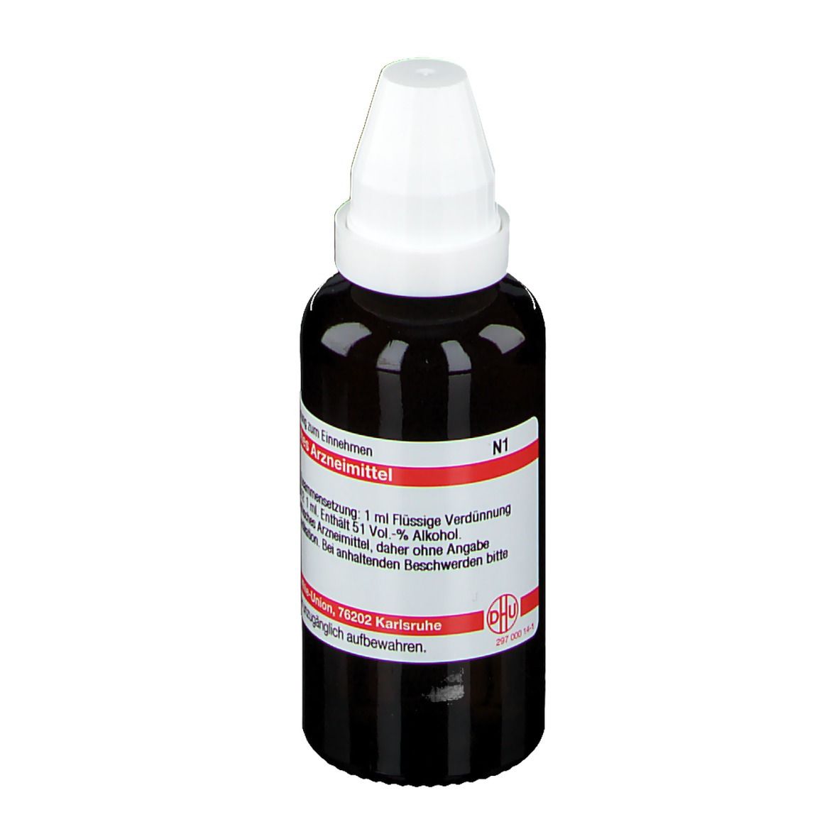 Braune Glasflasche mit weißem Verschluss. Etikett mit Text: Homöopathisches Arzneimittel, N1. Deutsche Homöopathie-Union.