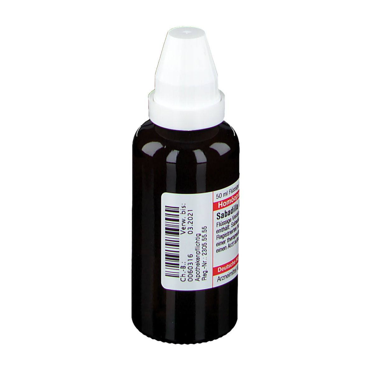 Braune Glasflasche mit weißem Verschluss. Etikett mit Text: Sabadilla D 12, Homöopathisches Arzneimittel. Deutsche Homöopathie-Union.