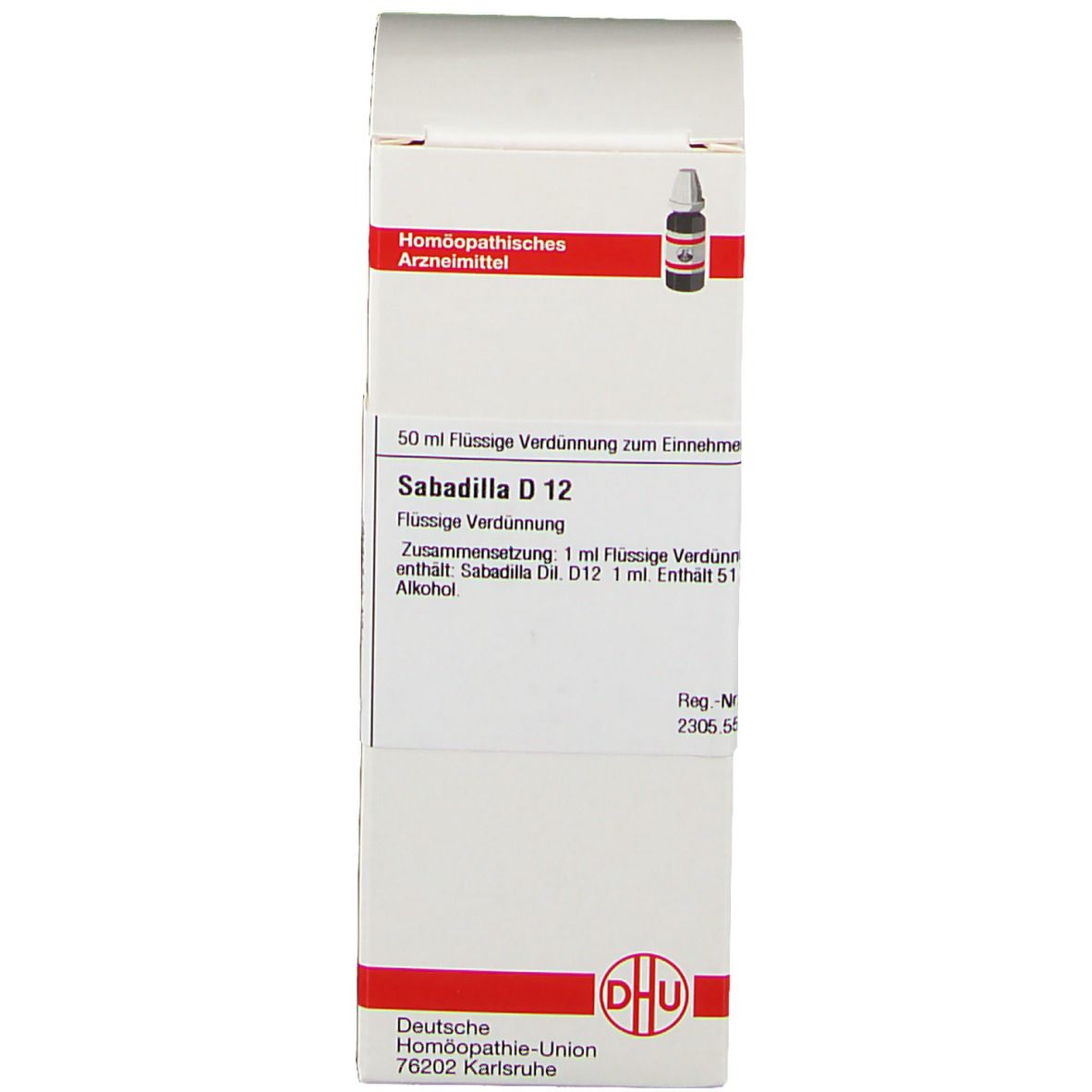 Weiße Verpackung mit Text: Sabadilla D 12, Homöopathisches Arzneimittel. DHU Logo. Enthält eine braune Glasflasche.