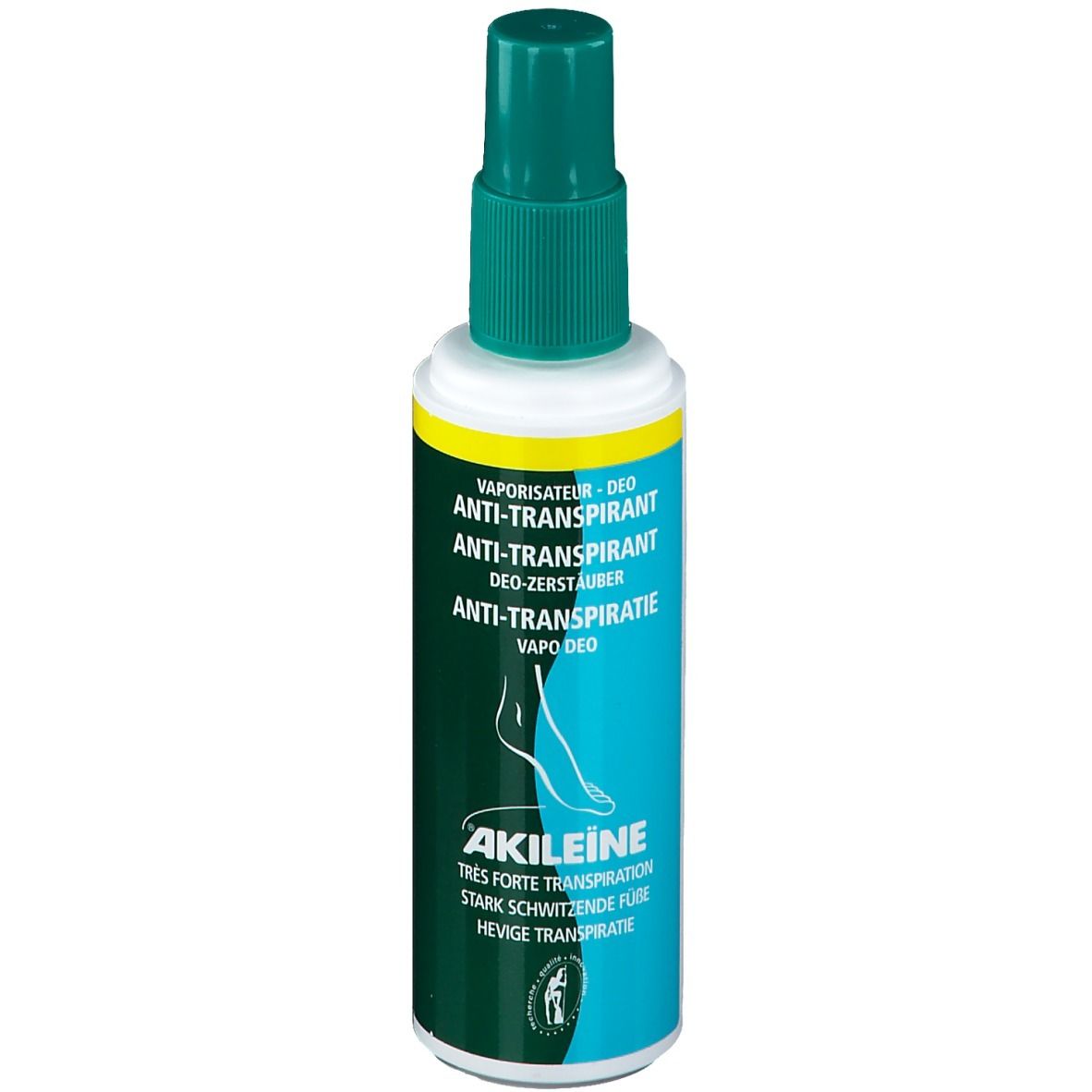 Deo-Spray-Flasche. Grün-weiß. Beschriftung: AKILEINE, Anti-Transpirant. Fuß-Illustration.