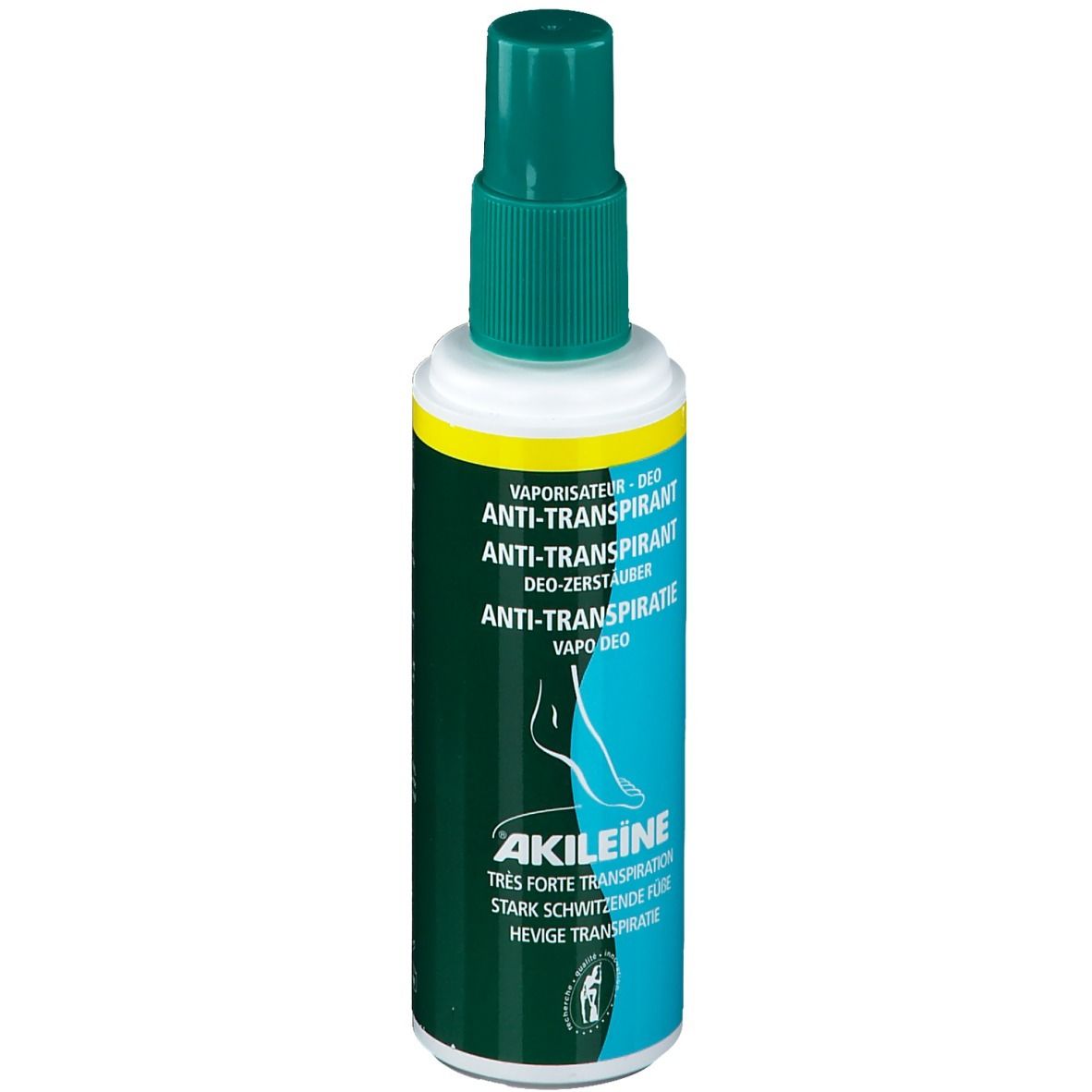Deo-Spray-Flasche. Grün-weiß. Beschriftung: AKILEINE, Anti-Transpirant. Fuß-Illustration.