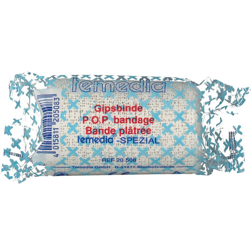 Gipsbinde in Folienverpackung. Aufschrift: temedia, Gipsbinde, P.O.P. bandage, Bande plâtrée, lemedia-SPEZIAL. Blaue Muster auf der Verpackung.