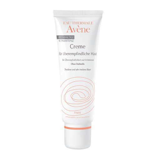 Weiße Tube mit Aufschrift "Eau Thermale Avène Creme für überempfindliche Haut".